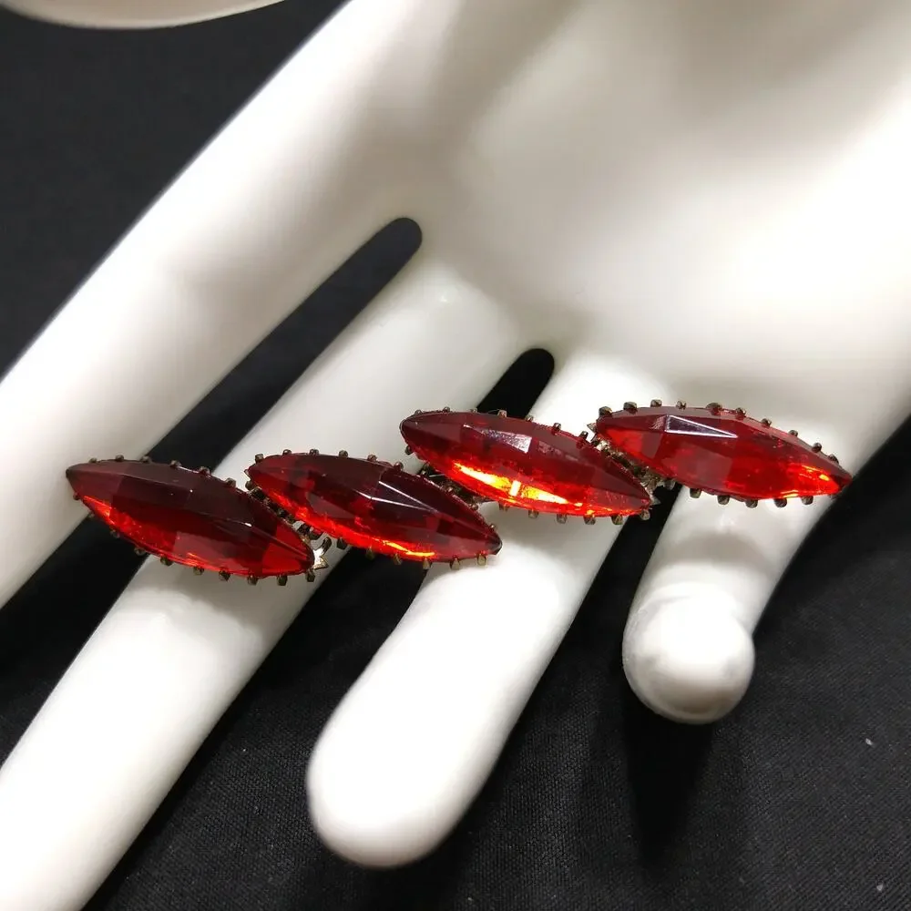 Victorian Red Rhinestone Bar Brooch, Dogtooth Prongs, 1900s Antique Jewelry